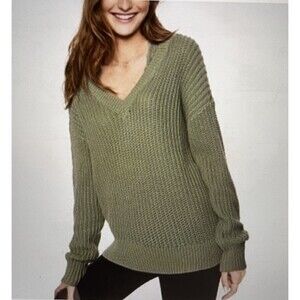 Victoria’s Secret PINK Women’s Sweater Medium Olive Green Chunky Knit V-Neck